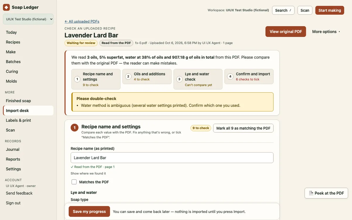 The import review screen: what was read from a PDF, a list of steps to check, and each field with a Matches the PDF tick box.