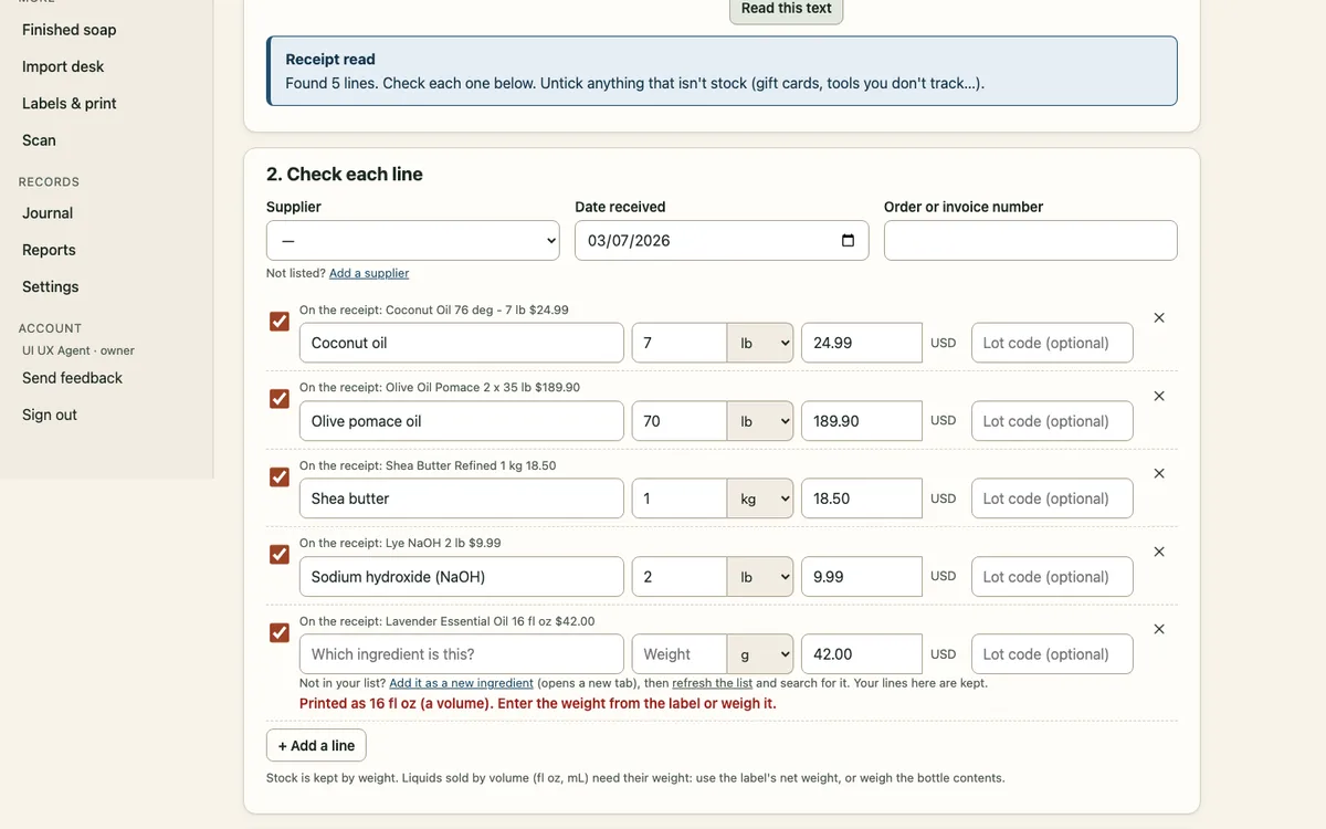 Receipt import: lines from a supplier receipt matched to ingredients with quantities and prices.